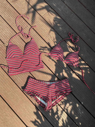 Red Knit Striped Ribbed Peplum Bikini Bottom Cheeky Swim Boyshorts