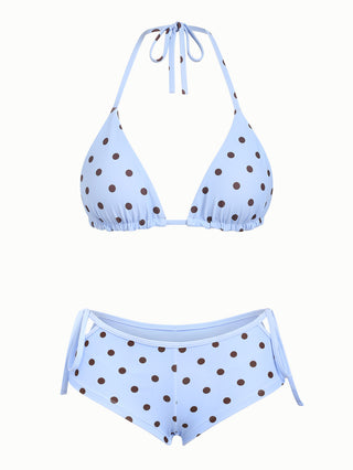 Sky Blue Polka Dot Reversible Triangle Top & Cutout Tie Cheeky Boyshorts Bikini Set