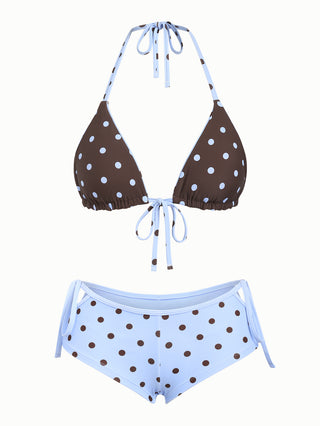 Sky Blue Polka Dot Reversible Triangle Top & Cutout Tie Cheeky Boyshorts Bikini Set