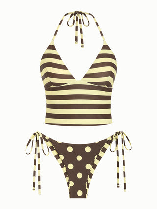 Coffee Striped Polka Dot Halter Tied Top & Cheeky Brazilian Bottom Reversible Tankini Set