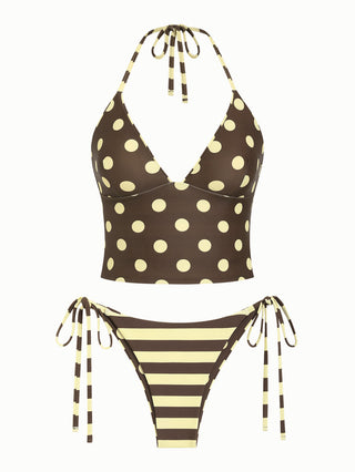 Coffee Striped Polka Dot Halter Tied Top & Cheeky Brazilian Bottom Reversible Tankini Set
