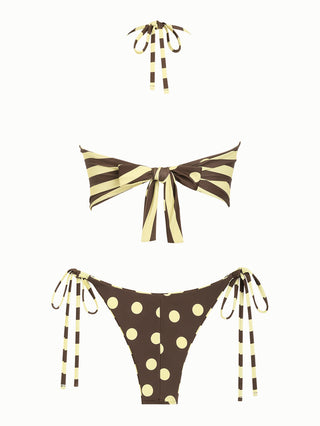 Coffee Striped Polka Dot Halter Tied Top & Cheeky Brazilian Bottom Reversible Tankini Set