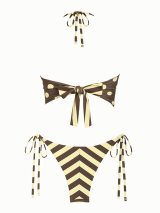 Coffee Striped Polka Dot Halter Tied Top & Cheeky Brazilian Bottom Reversible Tankini Set
