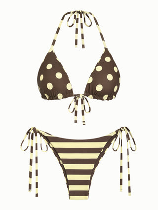 Coffee Striped Polka Dot Halter Triangle Top & Cheeky Brazilian Bottom Reversible Bikini Set