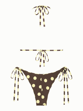 Coffee Striped Polka Dot Halter Triangle Top & Cheeky Brazilian Bottom Reversible Bikini Set