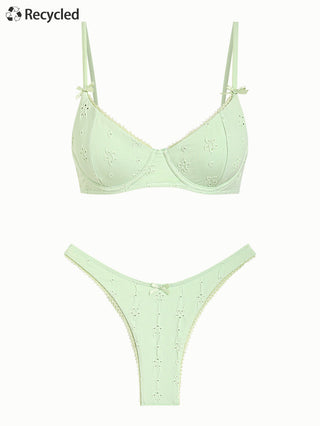 Light Green Recycled Fabric Eyelet Jacquard Lace Bowknot Underwire Bikini Set
