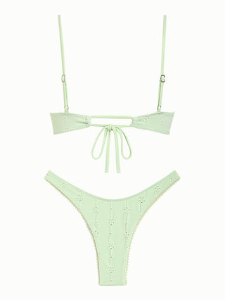 Light Green Recycled Fabric Eyelet Jacquard Lace Bowknot Underwire Bikini Set
