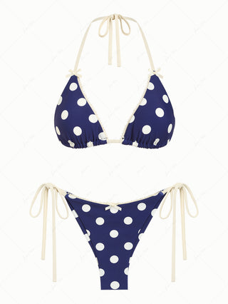 Deep Blue Polka Dot Lace Bowknot Triangle Top & Cheeky Brazilian Bottom Bikini Set
