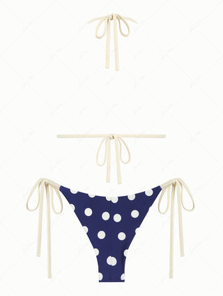 Deep Blue Polka Dot Lace Bowknot Triangle Top & Cheeky Brazilian Bottom Bikini Set
