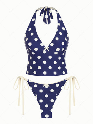 Deep Blue Polka Dot Bowknot Halter Tied Back Top & Cheeky Brazilian Bottom Tankini Set
