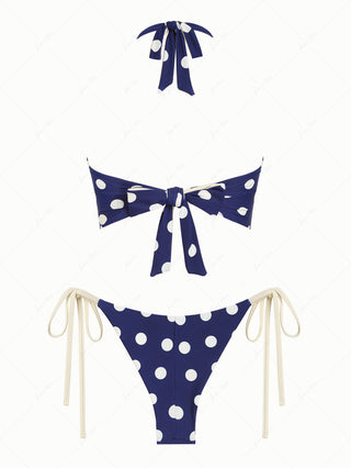 Deep Blue Polka Dot Bowknot Halter Tied Back Top & Cheeky Brazilian Bottom Tankini Set