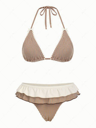 Coffee Striped Lace Bowknot Halter Triangle Skirtini Bikini Set