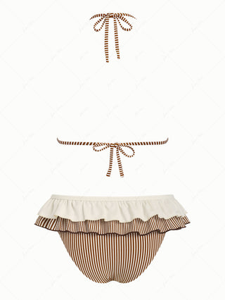 Coffee Striped Lace Bowknot Halter Triangle Skirtini Bikini Set