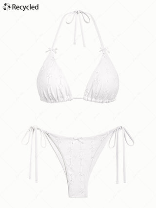White Recycled Fabric Jacquard Bowknot Halter Triangle Top & Cheeky Brazilian Bottom Bikini Set