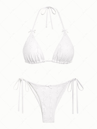 White Recycled Fabric Jacquard Bowknot Halter Triangle Top & Cheeky Brazilian Bottom Bikini Set