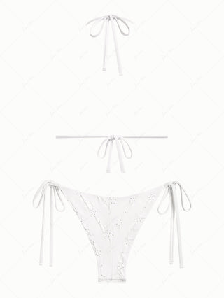 White Recycled Fabric Jacquard Bowknot Halter Triangle Top & Cheeky Brazilian Bottom Bikini Set