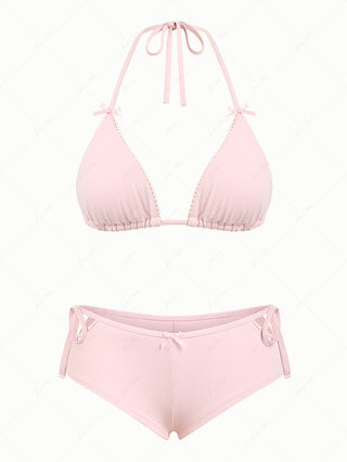 Pink Solid Color Picot Bowknot Halter Triangle Cutout Tie Cheeky Boyshorts Bikini Set