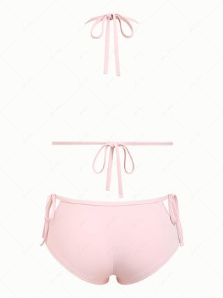 Pink Solid Color Picot Bowknot Halter Triangle Cutout Tie Cheeky Boyshorts Bikini Set