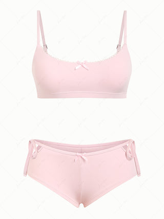 Pink Solid Color Picot Bowknot Bralette Cutout Tie Cheeky Boyshorts Bikini Set