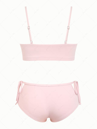 Pink Solid Color Picot Bowknot Bralette Cutout Tie Cheeky Boyshorts Bikini Set
