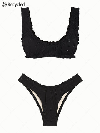 Black Recycled Fabric Jacquard Ruffles Edge Bralette Bikini Set