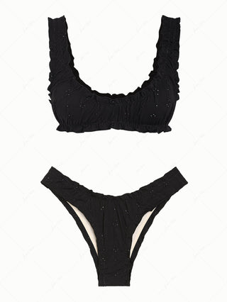Black Recycled Fabric Jacquard Ruffles Edge Bralette Bikini Set