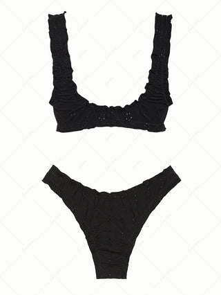 Black Recycled Fabric Jacquard Ruffles Edge Bralette Bikini Set