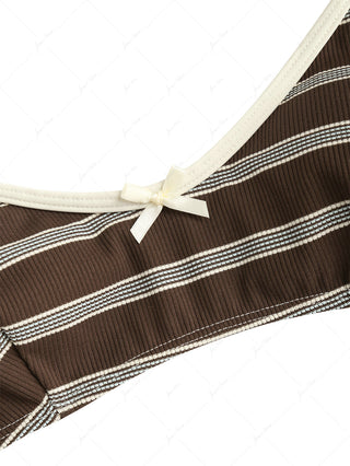 Deep Coffee Striped Bowknot Contrast Binding Tank Style Bikini Top
