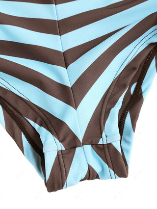 Coffee Striped Polka Dot Crisscross Tie Reversible Top & Cheeky Boyshorts Tankini Set