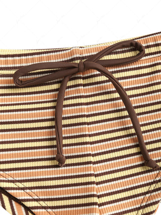 Yellow Ribbed Knit Striped Bowknot Bikini Bottom Cheeky Swim Boyshorts