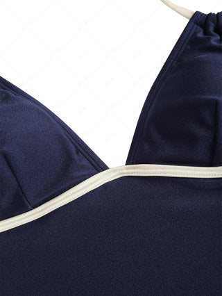 Deep Blue Contrast Piping Deep V Neck Halter Tankini Top
