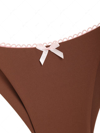 Coffee Contrast Picot Bowknot Halter Triangle Top & Cheeky Brazilian Bottom Bikini Set