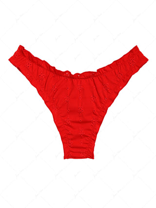 Red Recycled Fabric Jacquard Ruffles Edge Cheeky Bikini Bottom