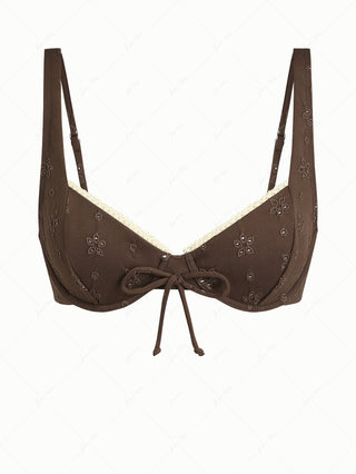 Deep Coffee Recycled Fabric Eyelet Jacquard Lace Bowknot Underwire Bikini Top