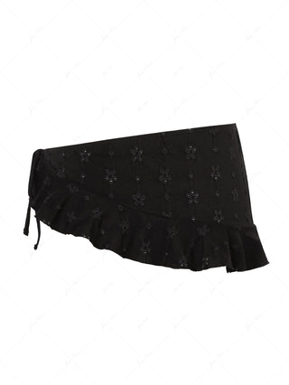 Black Recycled Fabric Jacquard Ruffles Hem Sarong Style Cover Up Skirt