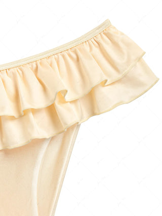 Champagne Satin Solid Color Ruched Bralette Layered Ruffles Skirtini Bikini Set