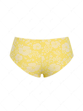 Yellow Recycled Fabric Jacquard Grommet Lace Up Bikini Bottom Cheeky Swim Boyshorts