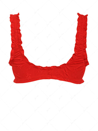 Red Recycled Fabric Jacquard Ruffles Edge Bralette Bikini Top