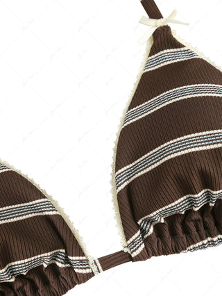 Deep Coffee Striped Lace Bowknot Triangle Top & Two-way Cheeky Boyshorts Bikini Set
