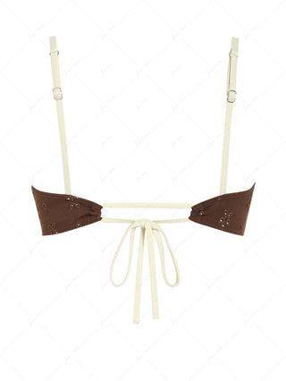 Deep Coffee Recycled Fabric Jacquard Ruched Ruffles Bowknot Bikini Top