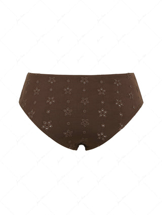 Deep Coffee Recycled Fabric Eyelet Jacquard Lace Up Bikini Bottom