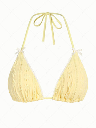 Yellow Floral Jacquard Textured Lace Bowknot Triangle Bikini Top