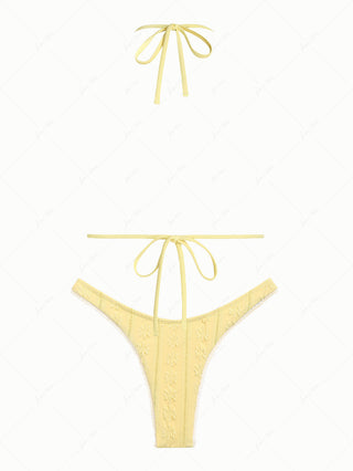 Yellow Floral Jacquard Textured Lace Bowknot Triangle Bikini Set