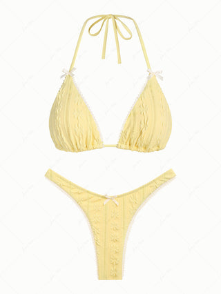 Yellow Floral Jacquard Textured Lace Bowknot Triangle Bikini Set