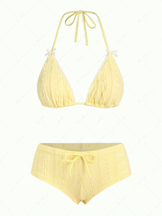 Yellow Floral Jacquard Textured Lace Bowknot Triangle Bikini Set