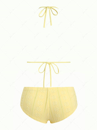 Yellow Floral Jacquard Textured Lace Bowknot Triangle Bikini Set