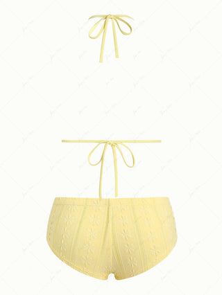 Yellow Floral Jacquard Textured Lace Bowknot Triangle Bikini Set