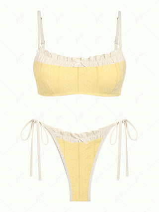 Yellow Floral Jacquard Textured Bowknot Tie Side Cheeky Bikini Set