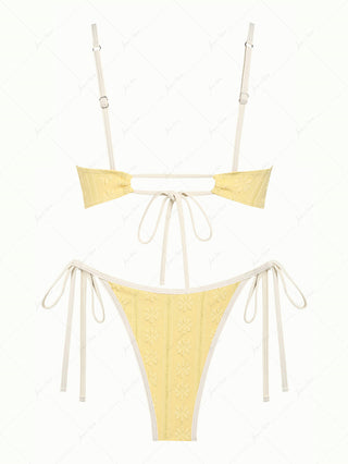 Yellow Floral Jacquard Textured Bowknot Tie Side Cheeky Bikini Set