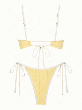 Yellow Floral Jacquard Textured Bowknot Tie Side Cheeky Bikini Set